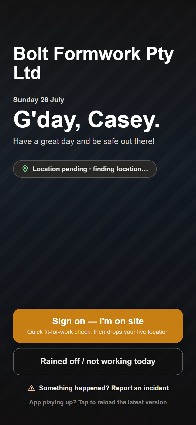 The crew app sign-on screen
