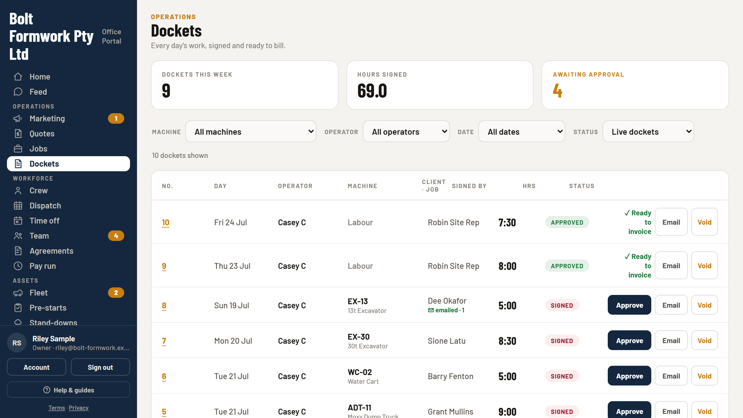 The Dockets tab listing the week’s dockets